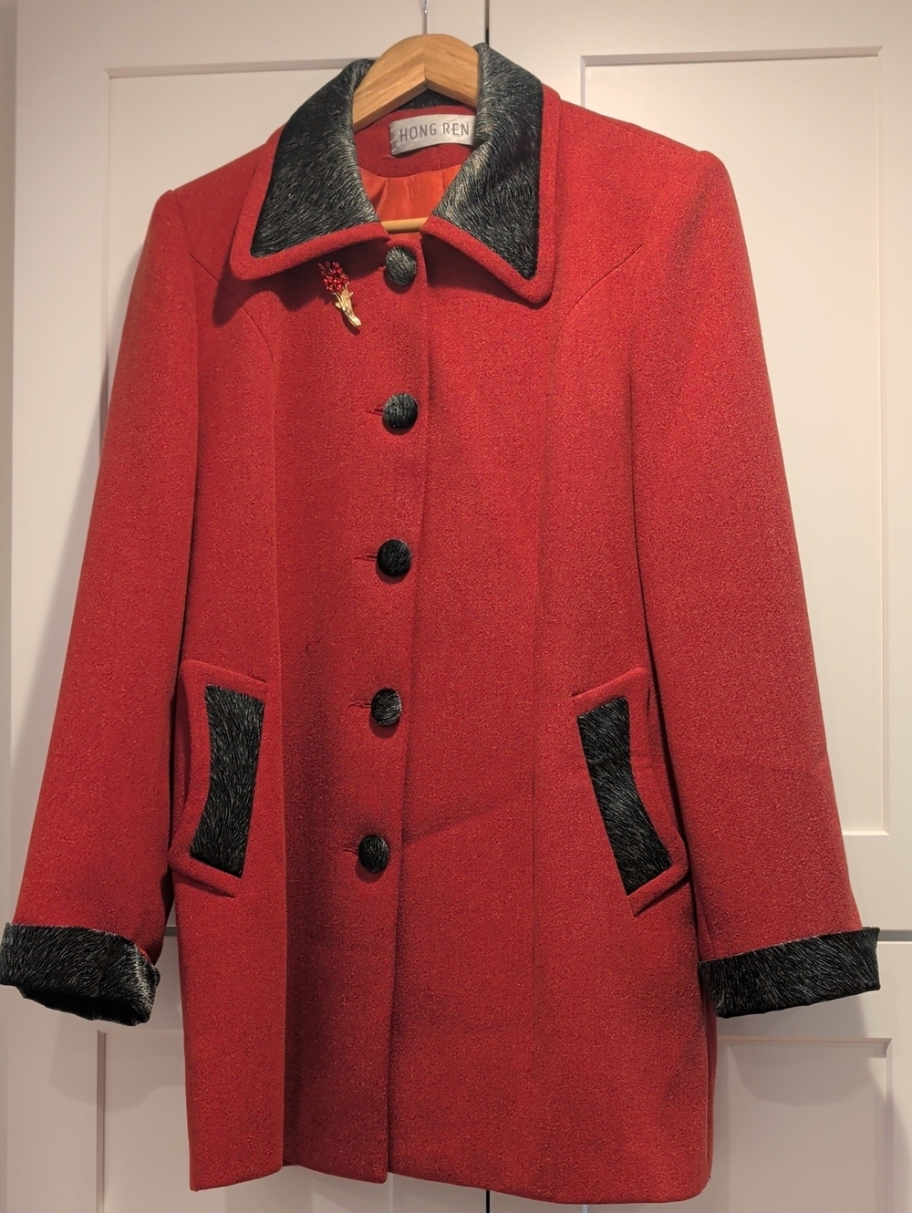 Red Wool Blend Coat with Black Trim